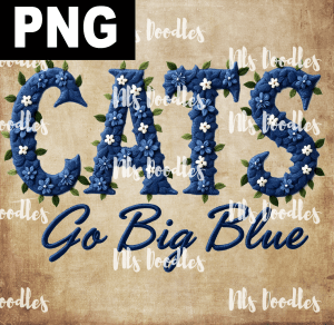 cats go big blue -floral embroidery effect- PNG File design for sublimation and Dtf