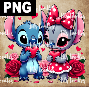 stitch and angel love  and hearts red roses - PNG File design for sublimation and Dtf