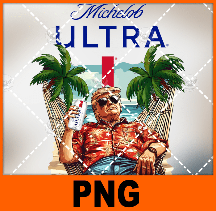 gulf of america trump on beach drinking beer Michelob ultra  - PNG DIGITAL DOWNLOAD for sublimation or screens